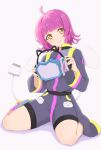  1girl absurdres ahoge blunt_bangs closed_mouth commentary_request enpara_chiba grey_jacket grey_shorts head-mounted_display highres holding jacket kishimen_hair long_sleeves looking_at_viewer love_live! love_live!_nijigasaki_high_school_idol_club pink_hair short_hair shorts sitting solo tennoji_rina tsunagaru_connect_(love_live!) wariza white_background yellow_eyes 