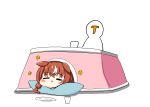  1boy 1girl =_= absurdres animal_ears bails blush brown_hair glass highres horse_ears horse_girl kotatsu looking_at_viewer open_mouth pillow plate simple_background sleeping still_in_love_(umamusume) t-head_admiral table trainer_(umamusume) triangle_mouth umamusume white_background 