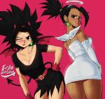  2girls absurdres artist_name black_hair blush breasts caulifla cleavage dragon_ball dragon_ball_super earrings echo_saber fake_halo fake_horns fake_wings gloves highres horns jewelry kale_(dragon_ball) looking_at_viewer looking_back multiple_girls one_eye_closed red_background simple_background tail tongue tongue_out wings 