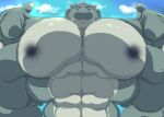  2020 anthro big_muscles big_pecs black_nipples bodily_fluids cloud crocobu&#039;s_white_dragon day dragon drooling hi_res horn huge_muscles huge_pecs hyper hyper_muscles looking_at_viewer male muscular muscular_male nipples nude panscolipede pecs saliva scalie sky solo western_dragon wings 
