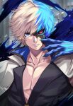  1boy aura black_sclera black_skirt blue_eyes claws collarbone colored_sclera dragon_install fingerless_gloves gloves glowing glowing_eye guilty_gear guilty_gear_strive hair_between_eyes heterochromia jacket ky_kiske looking_at_viewer male_focus multicolored_hair open_mouth pectorals re_(re_09) red_eyes shiny short_hair skirt solo teeth upper_body veins white_jacket 