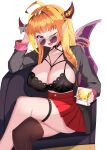  1girl ahoge bangs black_bra black_jacket black_legwear blonde_hair blunt_bangs blush bra breasts choker cleavage crossed_legs cup dragon_horns dragon_tail eyebrows_visible_through_hair highres holding hololive horns jacket jewelry kiryuu_coco lace long_hair long_sleeves looking_at_viewer necklace one_eye_closed open_clothes open_mouth orange_hair pleated_skirt pointy_ears red_skirt shirt single_thighhigh sitting skirt smile solo sunglasses tail thigh_strap thighhighs underwear virtual_youtuber yuruto 
