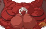  16:10 2021 anthro big_muscles big_pecs cross-eyed dragon front_view hair hi_res horn huge_muscles huge_pecs hyper hyper_muscles hyper_pecs looking_at_viewer male muscular nude open_mouth panscolipede pecs red_body scalie sharp_teeth slyphin_drakil solo teeth western_dragon white_hair widescreen wings 
