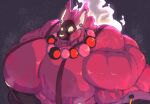  2020 ambiguous_species anthro bead_necklace big_muscles big_pecs clothing earpiece fangs fire glowing glowing_eyes glowing_nose hi_res huge_muscles huge_pecs hyper hyper_muscles hyper_pecs jewelry looking_at_viewer male muscular necklace overalls panscolipede pecs smile solo 