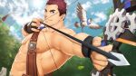  1boy abs bara bird bow_(weapon) brown_hair drawing_bow dutch_angle eagle eddie_(gyee) feathers flying foreshortening gyee highres holding holding_weapon large_pectorals leaf male_focus mizuki_gai muscular muscular_male nipples official_art shirtless short_hair smile solo stomach upper_body weapon 