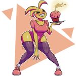  1:1 animatronic anthro avian bird blush candle chicken closed_smile clothed clothing cupcake digital_media_(artwork) female fire five_nights_at_freddy&#039;s five_nights_at_freddy&#039;s_2 food footwear galliform gallus_(genus) head_tuft holding_food holding_object leggings legwear looking_aside machine phasianid pink_cheeks pink_clothing pink_shirt pink_topwear robot sharp_teeth shirt shoes simple_background smile solo teeth thick_thighs tobiasanderson topwear toy_chica_(fnaf) tuft video_games watermark white_eyes yellow_body 