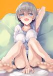  1girl :d arm_up armpits bangs barefoot bean_bag_chair between_legs blue_eyes blue_shorts blurry_foreground blush breasts cleavage collarbone commentary fang grip hair_between_eyes hand_between_legs hinot knees_up motion_blur open_mouth orange_background raised_eyebrows shirt short_hair short_shorts shorts silver_hair sitting skin_fang smile solo t-shirt uzaki-chan_wa_asobitai! uzaki_hana white_shirt 