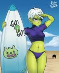  1boy 1girl artist_name beach black_hair blue_sky broly_(dragon_ball_super) cheelai cloud colored_skin dragon_ball dragon_ball_super dragon_ball_super_broly echo_saber green_skin highres midriff navel purple_shirt shirt sky surfboard white_hair 