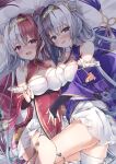  2girls asymmetrical_legwear azur_lane bare_shoulders blue_eyes blush breasts bridal_gauntlets chao_ho_(azur_lane) china_dress chinese_clothes cleavage_cutout clothing_cutout detached_sleeves dress gold_hairband long_hair looking_at_viewer lying madotsukumo medium_breasts multicolored_hair multiple_girls on_back on_bed pelvic_curtain purple_eyes purple_hair red_hair single_thighhigh thighhighs two-tone_hair very_long_hair white_dress white_hair white_legwear wide_sleeves ying_swei_(azur_lane) 