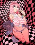  1girl belly black_eyes blue_sweater breasts checkered checkered_ceiling checkered_floor checkered_wall clenched_hand denim denim_shorts fingernails glasses highres kafun large_breasts long_fingernails looking_at_viewer midriff mole mole_under_eye navel off_shoulder original pink_hair puckered_lips red_nails seiza short_shorts shorts sitting solo sweater watch wide_hips wristwatch 