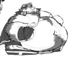  accessory anthro belly belly_tuft big_belly canid canine canis cape chest_tuft clothing fluffy greyscale hand_on_stomach headband horkeukamui male mammal monochrome moobs navel nipples overweight overweight_anthro overweight_male solo tuft wolf wwoofi 