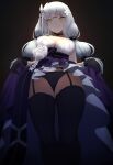  1girl bangs blunt_bangs breasts cleavage dress dress_lift evening_gown garter_belt girls_frontline green_eyes gugugu hk416_(girls_frontline) long_hair looking_at_viewer looking_down medium_breasts panties pantyshot smile solo teardrop_tattoo thighhighs tied_hair underwear very_long_hair white_hair 