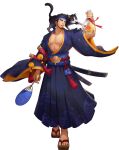  1boy abs animal_on_shoulder artist_request bara bare_pecs beard black_hair blue_kimono cat_on_shoulder facial_hair fan festival full_body gyee hachimaki hakama_skirt head_tilt headband highres japanese_clothes kimono lan_(gyee) large_pectorals male_cleavage male_focus muscular muscular_male nipples official_alternate_costume official_art open_clothes open_kimono paper_fan sandals short_hair short_kimono smile solo spiked_hair 