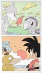  bird black_hair colored_skin crossover dougi dragon_ball dragon_ball_(classic) dragon_ball_z duck frieza highres looking_at_another martial_arts_belt mewtwo muscular namek outdoors pokemon pokemon_(creature) psyduck red_eyes son_goku spiked_hair standing sunset wesatinthecar wristband 