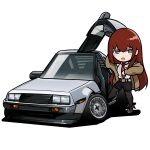  1girl absurdres back_to_the_future belt black_footwear black_pantyhose black_shorts blush brown_hair chibi collared_shirt crossover delorean english_commentary grey_eyes gullwing_doors highres holeecrab long_hair looking_at_viewer open_mouth pantyhose shirt shorts simple_background solo steins;gate vehicle_focus very_long_hair white_background white_belt white_shirt yukine_chris 