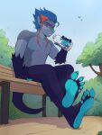 3:4 5_toes anthro barefoot bodily_fluids feet foot_focus grumpy hi_res kyrosh looking_at_viewer male nipples park park_bench public sitting solo sweat toes unknown_species 