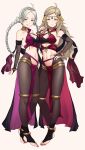  2girls absurdres ahoge bare_shoulders blonde_hair breasts bushidokuroi commission commissioner_upload cosplay dorothea_arnault dorothea_arnault_(cosplay) earrings fire_emblem fire_emblem_fates fire_emblem_heroes highres jewelry lene_(fire_emblem) lene_(fire_emblem)_(cosplay) medium_breasts multiple_girls navel nina_(fire_emblem) ophelia_(fire_emblem) red_nails white_background white_hair 