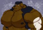  2020 anthro big_muscles big_pecs black_nipples brown_body canid canine canis clothing domestic_dog grin hat headgear headwear hi_res huge_muscles huge_pecs hyper hyper_muscles hyper_pecs jacket khristopherson_(arcwolfster) looking_at_viewer male mammal mottled muscular muscular_male nipples panscolipede pecs piebald smile solo topwear 
