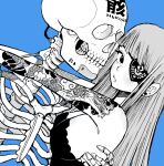  1girl acky_blight aki001208 bangs blue_background breasts cable closed_mouth dragon_tattoo ear_piercing earrings eyepatch highres jewelry large_breasts long_hair mukuro original piercing simple+background skeleton skull star_(symbol) star_earrings tattoo upper_body 