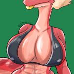  1:1 2020 abs amphibia_(series) amphibian anthro big_breasts blep bra breast_shot breasts cleavage clothed clothing disney female green_background hi_res huge_breasts newt red_body red_skin salamander_(amphibian) simple_background solo thedarkzircon tongue tongue_out underwear yunnan 