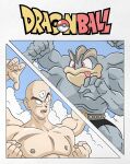  1boy bald belt black_eyes cloud cloudy_sky colored_skin cover cover_page crossover dragon_ball dragon_ball_(classic) extra_arms highres machamp manga_cover muscular muscular_male open_mouth pokemon pokemon_(creature) sky sweatdrop tenshinhan third_eye tongue tongue_out topless_male wesatinthecar 