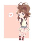  1girl black_legwear black_vest boots brown_hair closed_mouth commentary_request curly_hair denim denim_shorts grey_eyes grey_shorts heart high_ponytail highres hilda_(pokemon) knees long_hair looking_down misha_(ohds101) open_clothes open_vest pokemon pokemon_(game) pokemon_bw shirt short_shorts shorts sidelocks sleeveless sleeveless_shirt smile socks solo spoken_heart vest white_shirt wristband 