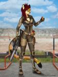  2021 anthro armor biped breasts cheetah countershade_face countershading daemon_chack english_text felid feline female fur gun inner_ear_fluff mammal multicolored_body multicolored_fur orange_body orange_fur ranged_weapon romanginzburg shooting_range signature smile solo spots spotted_body spotted_fur standing tan_body tan_fur text tuft weapon 