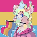  1:1 2019 anthro antlers candy cervid cervine clothed clothing cotton_candy dessert digital_media_(artwork) flag food fur hair hoodie horn lgbt_pride male mammal pansexual_pride_colors pink_body pink_fur pride_colors simple_background smile solo topwear unknown_artist 