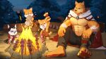  4boys abs alaska animal_ears artist_request bara bare_pecs beige_fur bulge campfire cape chang_(gyee) chibi dog_boy dog_ears food furry gyee highres kebab large_pectorals male_cleavage male_focus multiple_boys muscular muscular_male navel navel_hair official_art orange_eyes orange_fur short_hair smile stomach two-tone_fur white_cape 