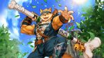  1boy abs animal_ears armpit_hair bara bare_pecs beige_fur bone bulge chang_(gyee) cowboy_shot denim dog_boy dog_ears fishnet_top forehead_protector furry gyee highres huge_weapon jeans jumping kunai large_pectorals male_cleavage male_focus muscular muscular_male navel_hair ninja official_art orange_eyes orange_fur over_shoulder pants ryuuichirou_(haineken) short_hair smile solo stomach two-tone_fur weapon weapon_over_shoulder 