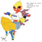  absurd_res animal_crossing anthro avian bird bottomwear clothing colored cutoffs denim denim_clothing digital_media_(artwork) english_text female footwear hi_res nintendo ostrich panthera_cantus phoebe_(animal_crossing) ratite shirt shoes shorts sneakers socks solo text tied_shirt topwear video_games wide_thighs wristband 