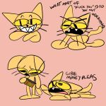  1:1 absurd_res all_fours ambiguous_gender anthro domestic_cat english_text fangs felid feline felis fur group hi_res looking_down looking_up mammal on_ground open_mouth pink_background profanity sad simple_background smile text wallet whiskers yellow_body yellow_eyes yellow_fur yungknight 