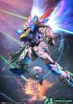  asteroid beam_rifle clenched_hand commentary_request copyright_name electricity energy_gun eske exhaust explosion flying from_side glowing glowing_eye green_eyes gun gundam gundam_arsenal_base holding holding_gun holding_weapon laser mecha mecha_focus mobile_suit motion_blur no_humans official_art robot science_fiction solo space v-fin v2_gundam victory_gundam weapon 