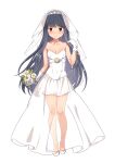  1girl blue_hair blush bouquet breasts bridal_gauntlets bridal_veil bride cleavage collarbone commentary dress flower high_heels highres hotaru_iori implied_yuri long_hair looking_to_the_side purple_eyes see-through shima_rin shoes small_breasts solo veil very_long_hair wedding_dress yurucamp 