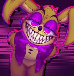  2020 abstract_background anthro bent_over big_ears bottomless bottomless_anthro bottomless_male bow_tie brown_body brown_fur brown_hair buckteeth cawterwaul close-up clothed clothing eyelashes five_nights_at_freddy&#039;s five_nights_at_freddy&#039;s_vr:help_wanted fnaf_vr_help_wanted fur glistening glistening_eyes glitchtrap hair half-closed_eyes hi_res lagomorph leporid long_ears long_whiskers looking_at_viewer male mammal multicolored_body multicolored_fur narrowed_eyes purple_background rabbit sharp_teeth short_hair simple_background smile solo spiral_eyes standing tan_body tan_fur teeth thick_thighs topwear vest video_games whiskers wide_smile 