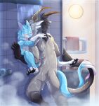  4_ears against_wall anal anal_penetration animal_genitalia anthro bathroom big_dom_small_sub blue_body blue_fur blush bodily_fluids charr claws cum cum_in_ass cum_inside digital_media_(artwork) dragon duo entwined_tails eyes_closed felid fur furred_dragon genital_fluids genitals grey_body grey_fur guild_wars hi_res horn kuribon male male/male male_penetrated male_penetrating male_penetrating_male mammal multi_ear nude paws penetration penis sex shower shower_sex size_difference standing tail_coil video_games water white_body white_fur zuri_(oceansend) 