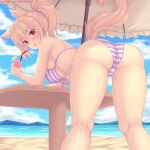  1girl :&lt; animal_ear_fluff animal_ears ass bangs bare_shoulders beach beach_umbrella bent_over bikini blonde_hair breasts brown_eyes cameltoe cat_ears cat_tail cloud cloudy_sky cup drink drinking_glass drinking_straw eyebrows_visible_through_hair food from_behind front-tie_top fruit high_ponytail highres holding holding_drink lemon lemon_slice long_hair looking_at_viewer looking_back medium_breasts nottytiffy ocean open_mouth original ponytail sidelocks sky solo striped striped_bikini swimsuit table tail thighs tiffy_(nottytiffy) umbrella underboob water 