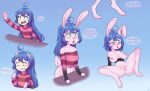  &lt;3 &lt;3_eyes 2021 absurd_res anthro blue_background blue_hair blush breast_expansion breasts clothing dialogue english_text expansion female genitals green_eyes growth hair hi_res human human_to_anthro itzu_(zorym) lagomorph leporid mammal nipples open_mouth pattern_clothing pattern_shirt pattern_topwear pussy rabbit sequence shirt simple_background solo species_transformation spread_legs spreading striped_clothing striped_shirt striped_topwear stripes surprise tail_growth text topwear transformation white_body zorym 