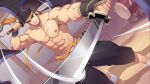  1boy abs bara beard biceps black_hair chest_hair dual_wielding dutch_angle facial_hair foot_out_of_frame gyee hachimaki hakama_pants headband highres holding holding_sword holding_weapon japanese_clothes katana kimono lan_(gyee) large_pectorals male_focus mazjojo muscular muscular_male navel nipples official_art open_clothes open_kimono shirtless short_hair smile solo spiked_hair stomach sword veins weapon wind 