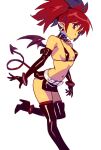  1girl bare_shoulders bat_wings belt bikini bikini_top boots bracelet breasts buckle choker demon_girl demon_tail disgaea earrings elbow_gloves etna eyebrows_visible_through_hair gloves highres jewelry leather mini_wings miniskirt navel o-ring o-ring_choker optionaltypo pointy_ears red_eyes red_hair sidelocks skirt skull_earrings small_breasts smile solo swimsuit tail thigh_boots thighhighs twintails white_background white_belt wings zettai_ryouiki 