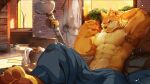  1boy abs alaska animal_ears arm_behind_head armpit_hair artist_request bara beige_fur bell bone bulge chang_(gyee) dog_boy dog_ears furry gyee highres huge_weapon large_pectorals male_cleavage male_focus muscular muscular_male navel navel_hair no_nipples official_art on_bed one_eye_closed orange_eyes orange_fur shirtless short_hair sitting smile solo stomach two-tone_fur weapon wind 