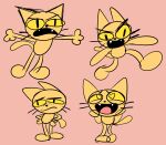  &lt;3 ambiguous_gender anthro arms_out crossed_legs domestic_cat fangs felid feline felis fur group hands_on_hips hi_res mammal open_mouth pink_background simple_background tired_eyes walking whiskers yellow_body yellow_eyes yellow_fur yungknight 