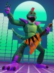  3d_(artwork) abstract_background absurd_res alligator alligatorid animatronic anthro barefoot bottomwear bracelet claws clothed clothing crocodilian detailed digital_media_(artwork) eyewear five_nights_at_freddy&#039;s five_nights_at_freddy&#039;s:_security_breach glasses gloves green_tail guitar guitarist hair handwear hi_res jewelry machine male mohawk montgomery_gator_(fnaf) multicolored_body multicolored_tail musical_instrument open_mouth pants plucked_string_instrument pose pseudo_clothing raised_arm red_hair reptile robot rockstar scalie sharp_claws sharp_teeth short_hair shoulder_guards simple_background solo spiked_bracelet spikes standing star star_glasses string_instrument teal_background teeth theclassyplushtrap toe_claws two_tone_body two_tone_tail video_games 