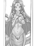  1girl absurdres blush breasts commission echidna_(monster_girl_encyclopedia) greyscale hair_tubes highres holding holding_phone lamia large_breasts long_hair looking_at_viewer monochrome monster_girl monster_girl_encyclopedia navel nude o-ring o-ring_top phone pointy_ears pussy second-party_source self_fondle self_shot senbon_tsuki sketch smile snake_hair solo very_long_hair 