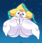  2020 4_fingers areola big_breasts big_butt black_eyes blush bodily_fluids breasts butt digital_media_(artwork) female fingers genital_fluids genitals half-closed_eyes hi_res humanoid jirachi legendary_pok&eacute;mon low-angle_view narrowed_eyes nintendo nipples not_furry nsfwoaf open_mouth pok&eacute;mon pok&eacute;mon_(species) pussy pussy_juice short_stack solo teeth thick_thighs tongue tongue_out video_games white_body wide_hips 