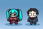  1boy 1girl afei_(sfma3248) blue_pants blue_suit brown_hair char&#039;s_counterattack chibi cosplay english_commentary gaping gloves green_hair gundam gundam_hathaway&#039;s_flash hair_ornament hathaway_noa hatsune_miku long_hair pants pilot_suit quess_paraya quess_paraya_(cosplay) red_gloves red_suit short_hair smile suit twintails vocaloid wide-eyed 