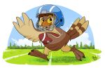  2021 3_toes avian ball barefoot beak biped bird bird_feet blue_helmet blue_sky border brown_body brown_feathers claws day detailed_background digital_media_(artwork) feather_hands feathers feet football_(ball) football_field football_helmet football_player grass holding_object looking_up male mostly_nude open_mouth open_smile orange_beak outside owl pandapaco plant running signature simple_background sky smile solo striped_tail_feathers tail_feathers toe_claws toes tongue tree unknown_character white_background white_border wings yellow_sclera 