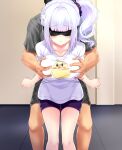  1boy 1girl azur_lane bangs blindfold blunt_bangs blush breast_grab breasts clenched_hands collarbone dido_(azur_lane) dido_(muse)_(azur_lane) eyebrows_visible_through_hair grabbing groping hair_ornament hair_scrunchie hajika hetero highres imminent_sex large_breasts leaning_forward long_hair scrunchie shorts side_ponytail sidelocks standing trembling white_hair 