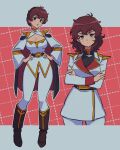  1girl amuro_ray belt blue_eyes breasts brown_hair cape char&#039;s_counterattack commentary_request crossed_arms dress genderswap genderswap_(mtf) gundam highres jacket long_hair long_sleeves looking_at_viewer military military_uniform neo_zeon open_mouth retro_artstyle shirt short_hair skirt yy0880yy 