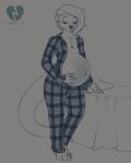  2018 4:5 4_toes 5_fingers anthro bed belly big_belly biped bottomwear clothed clothing digital_media_(artwork) eyebrows feet fingers fur furniture hair looking_down lutrine male male_pregnancy mammal monochrome mustelid navel open_clothing open_shirt open_topwear pajamas pattern_bottomwear pattern_clothing pattern_shirt pattern_topwear plaid plaid_bottomwear plaid_clothing plaid_shirt plaid_topwear pregnant shirt simple_background smile solo toes topwear tyroo 